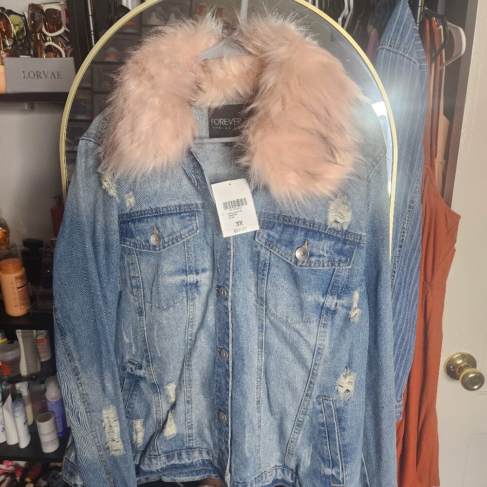 Forever 21 distressed denim jacket with pink fur collar
